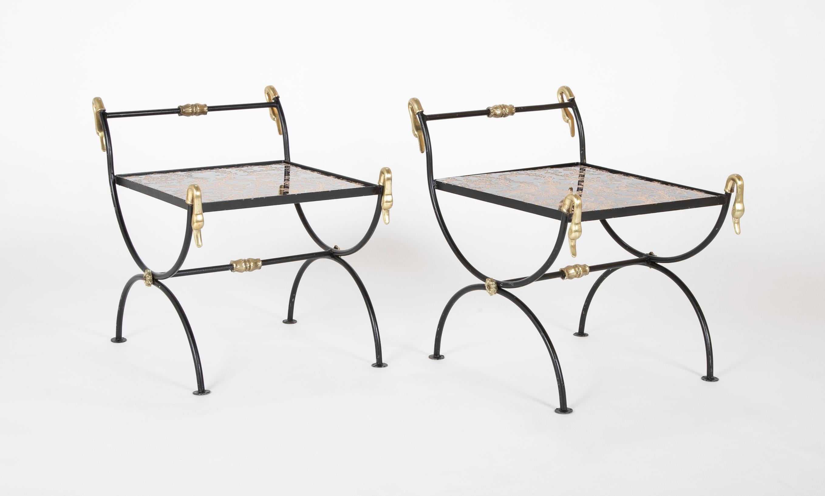 American Three Piece Iron and Brass Coffee Table with Versace Insets