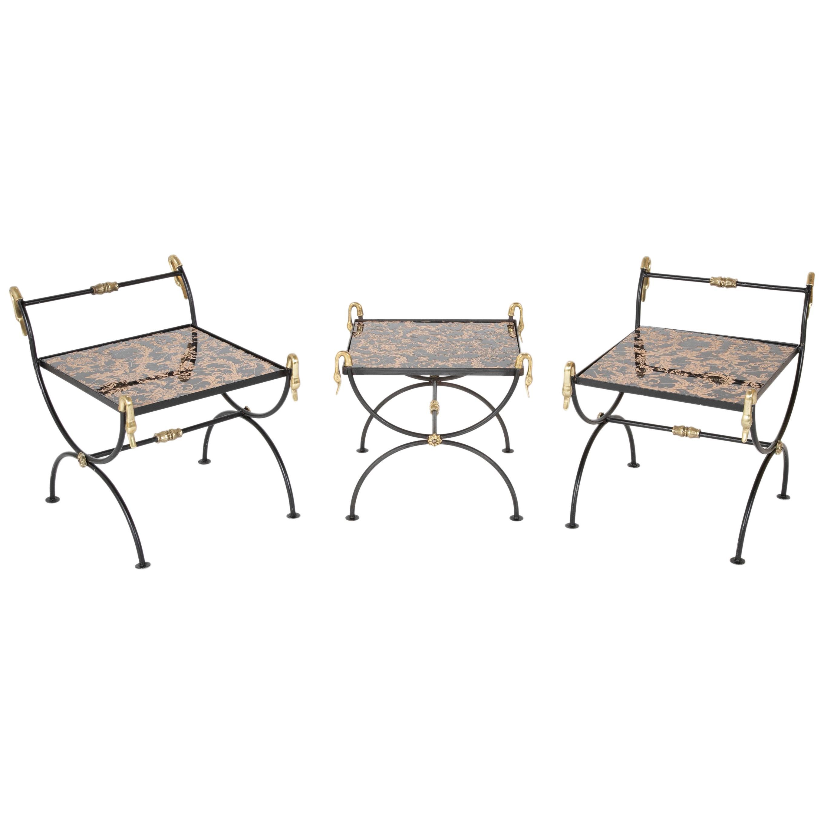 Three Piece Iron and Brass Coffee Table with Versace Insets