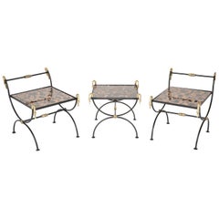 Three Piece Iron and Brass Coffee Table with Versace Insets Three Piece Iron and Brass Coffee Table with Versace Insets