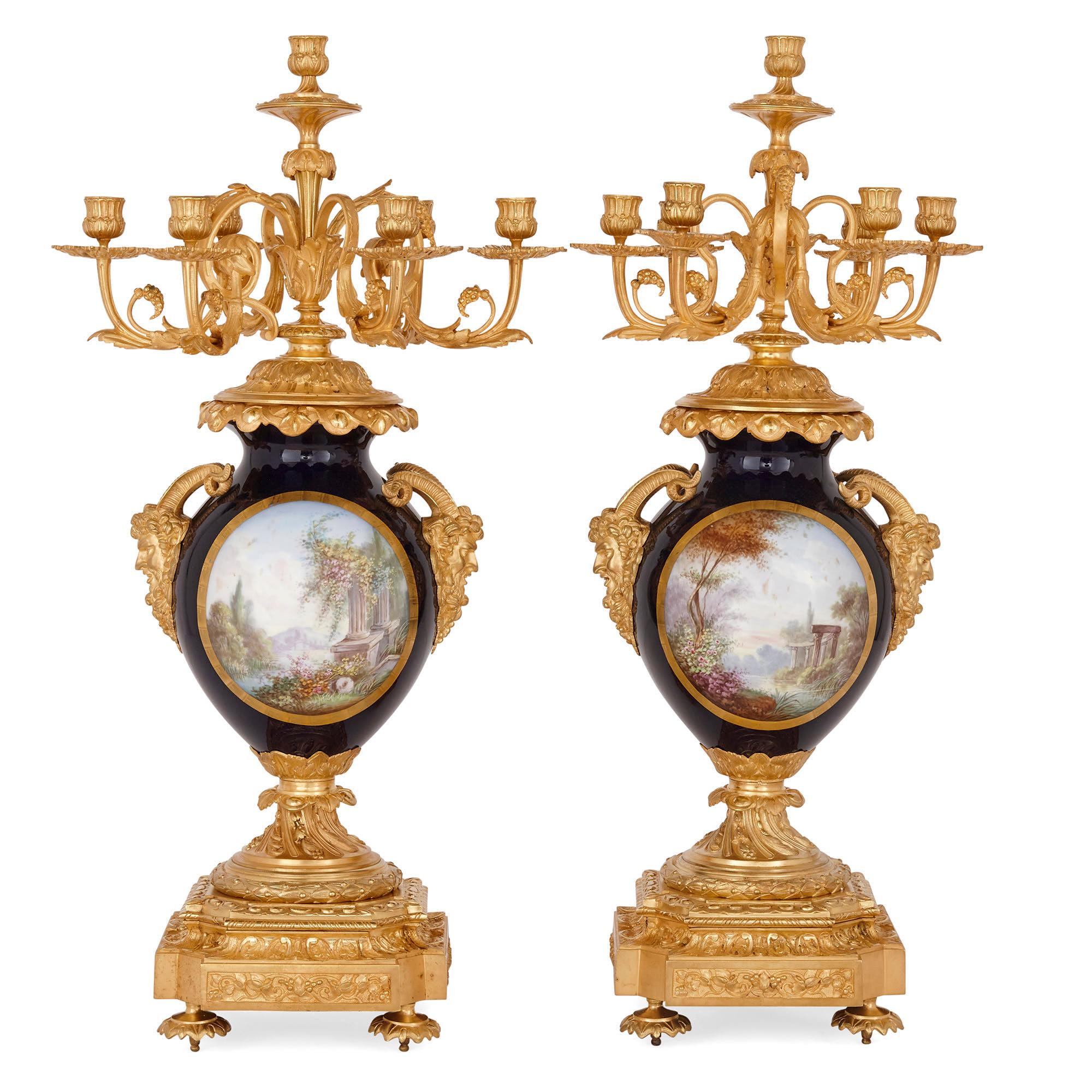 19th Century Three-Piece Louis XV Rococo Style Porcelain and Ormolu Clock Set For Sale