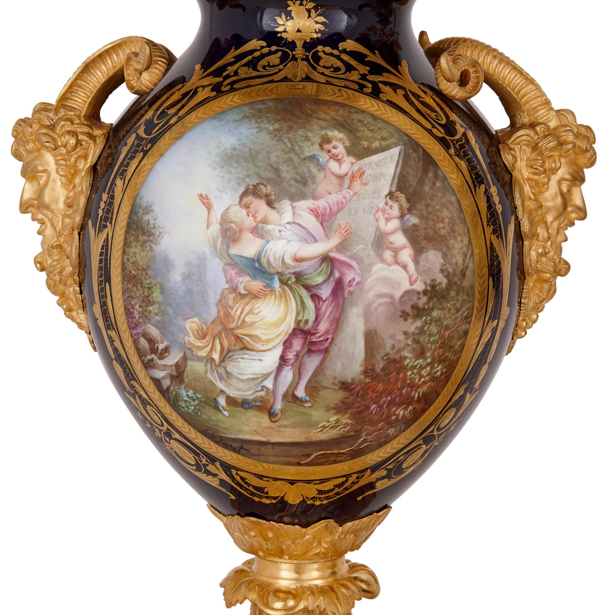 Three-Piece Louis XV Rococo Style Porcelain and Ormolu Clock Set For Sale 1