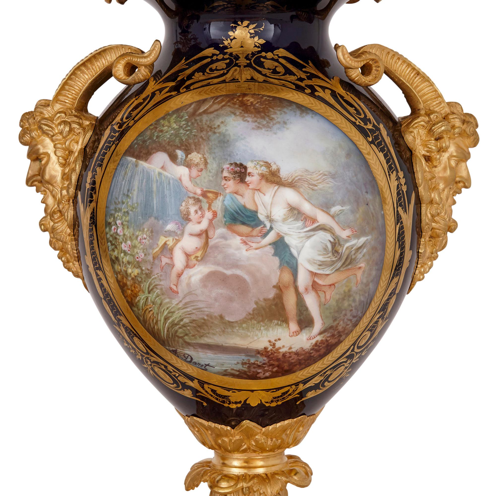 Three-Piece Louis XV Rococo Style Porcelain and Ormolu Clock Set For Sale 2