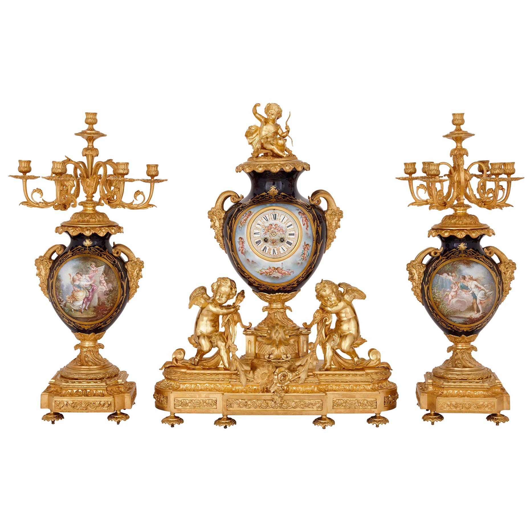 Three-Piece Louis XV Rococo Style Porcelain and Ormolu Clock Set