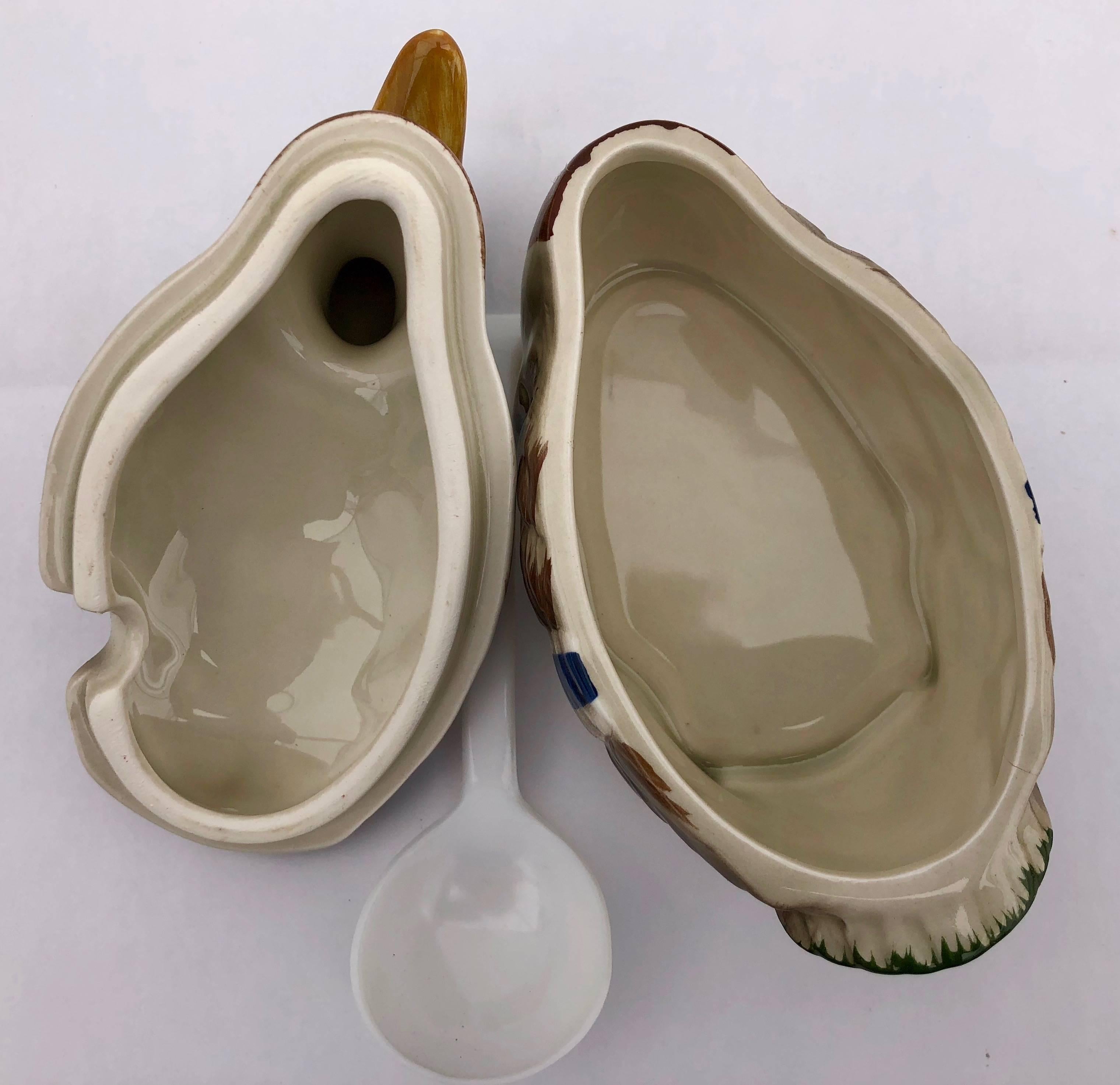 Hand-Crafted Three-Piece Mallard Ceramic Duck Sugar Bowl and Spoon, Handcrafted by Otagiri For Sale