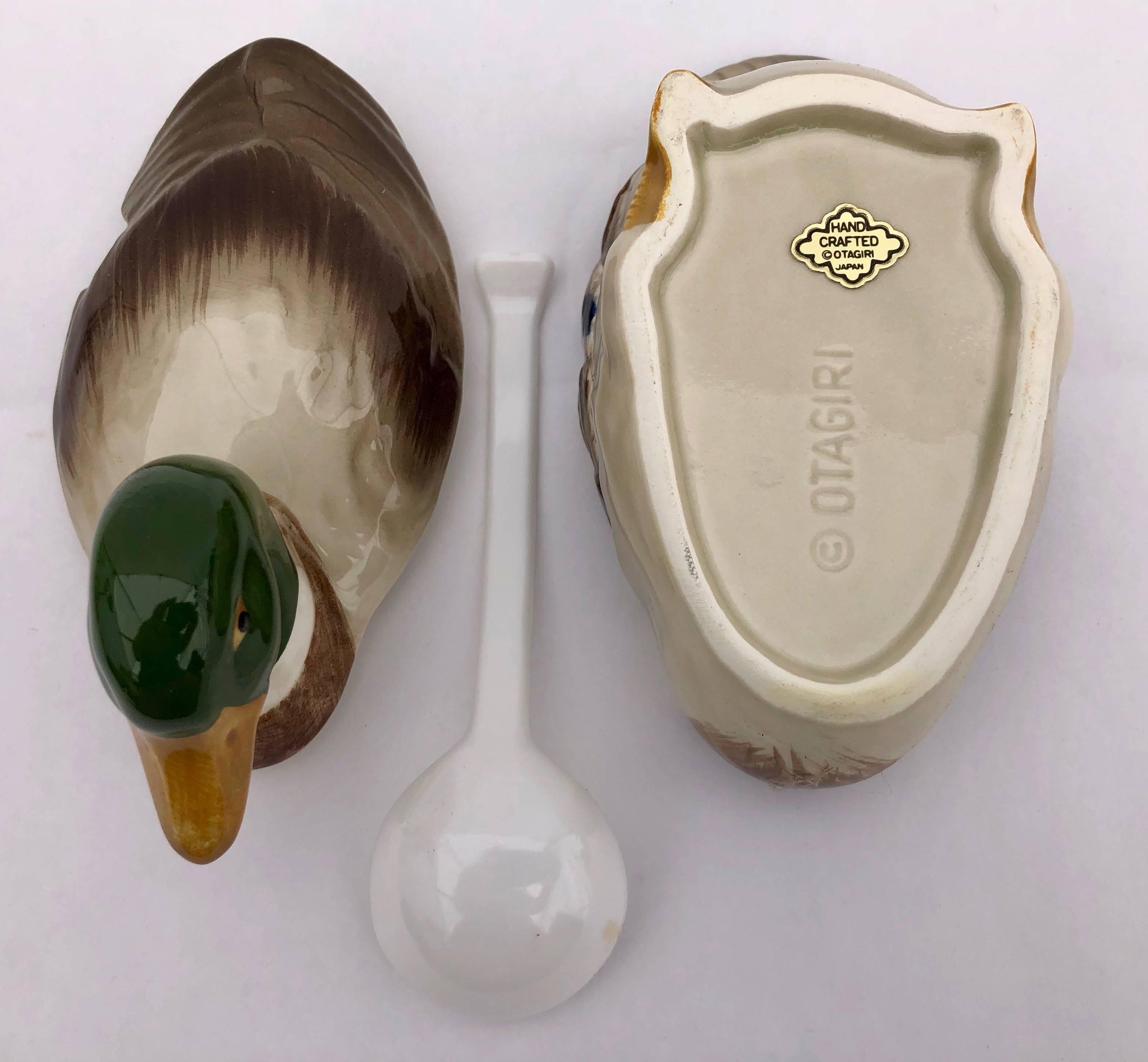 Three-Piece Mallard Ceramic Duck Sugar Bowl and Spoon, Handcrafted by Otagiri In Excellent Condition For Sale In Petaluma, CA