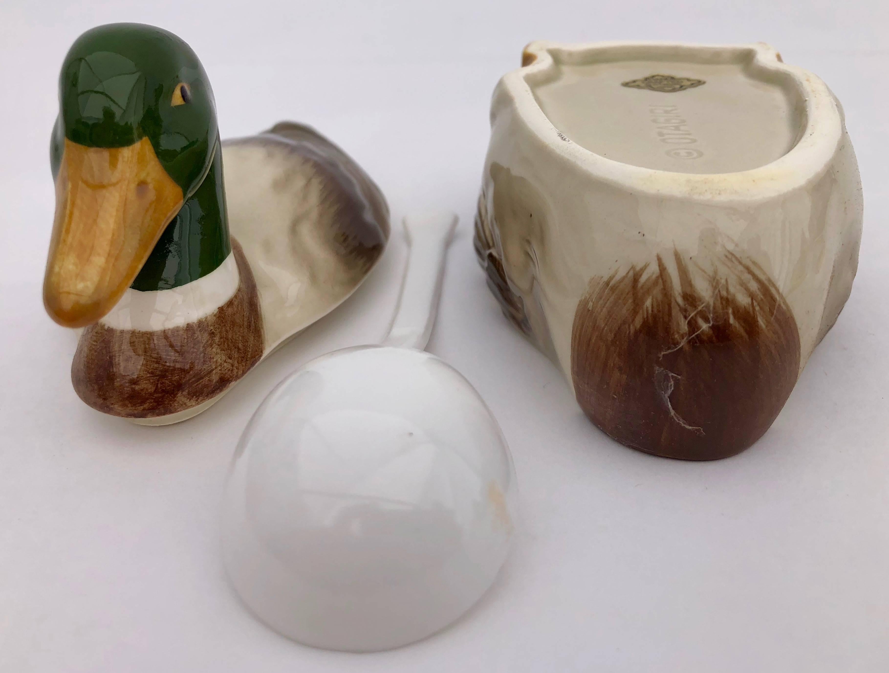 Japanese Three-Piece Mallard Ceramic Duck Sugar Bowl and Spoon, Handcrafted by Otagiri For Sale