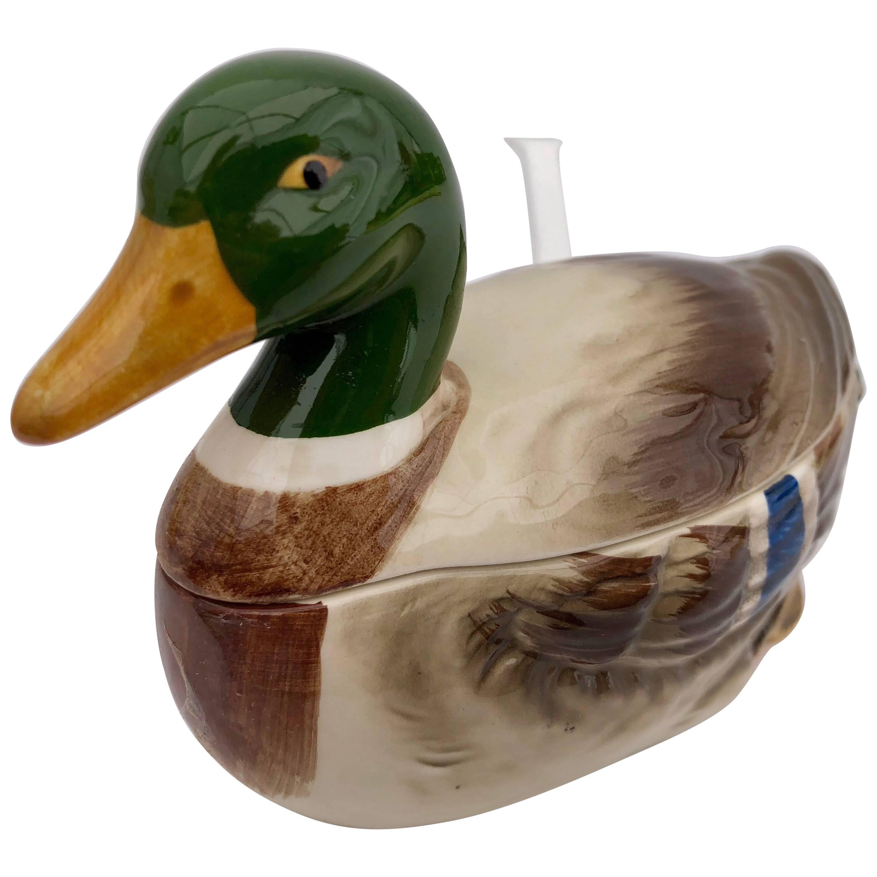 Three-Piece Mallard Ceramic Duck Sugar Bowl and Spoon, Handcrafted by Otagiri For Sale