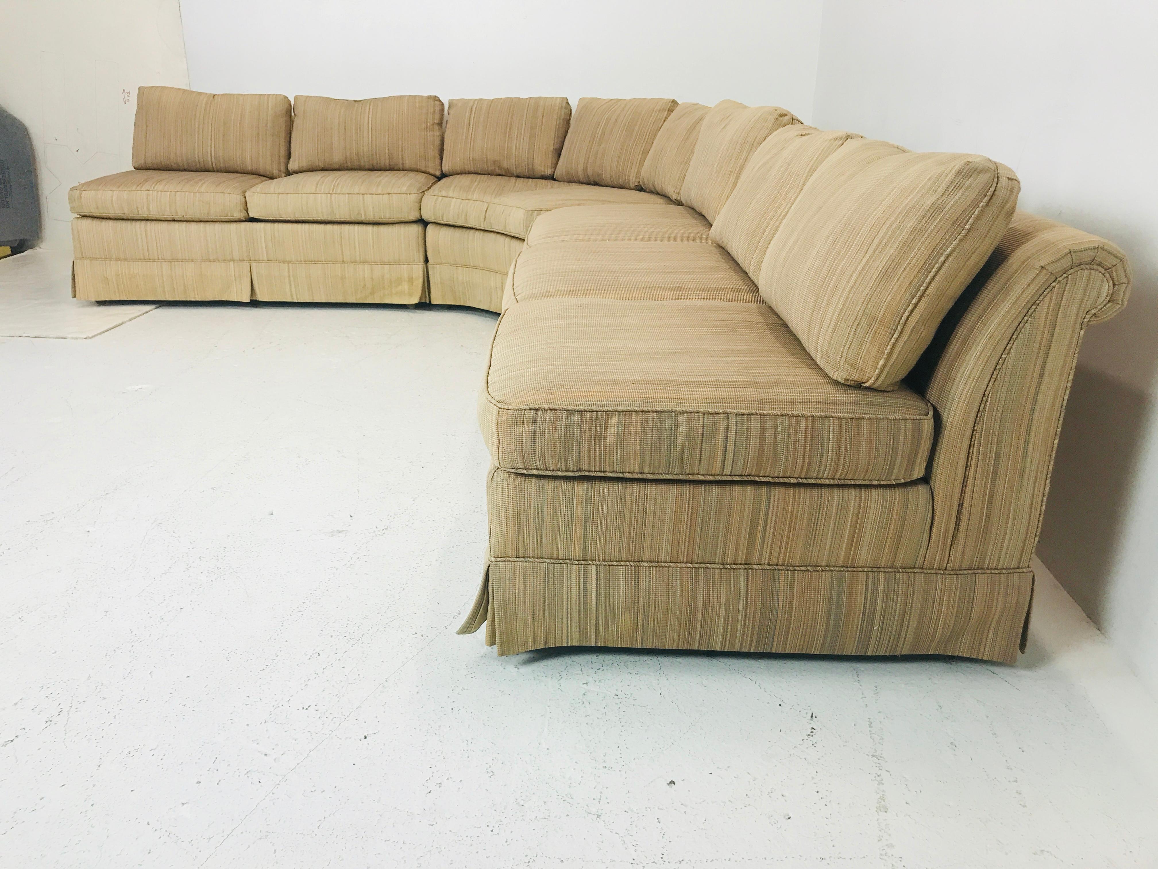 Three-piece midcentury slipper sofa by Baker. Sofa is in good vintage condition with some wear from use an age. New upholstery is recommended.

Dimensions:
129 W x 35 D x 27 T
Seat height 18
Return 101