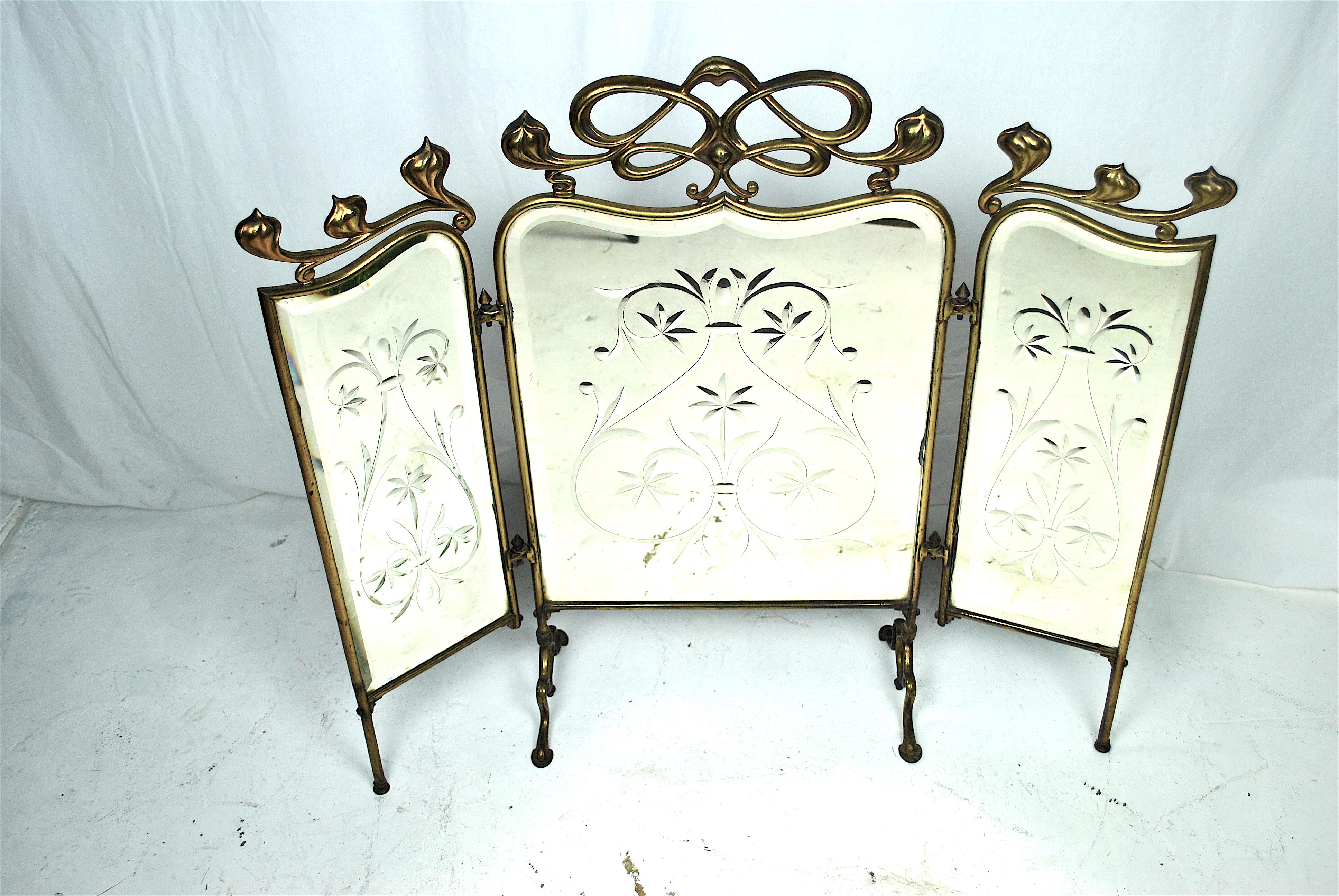 French Three-Piece Mirrored Art Nouveau Fire Fender Screen