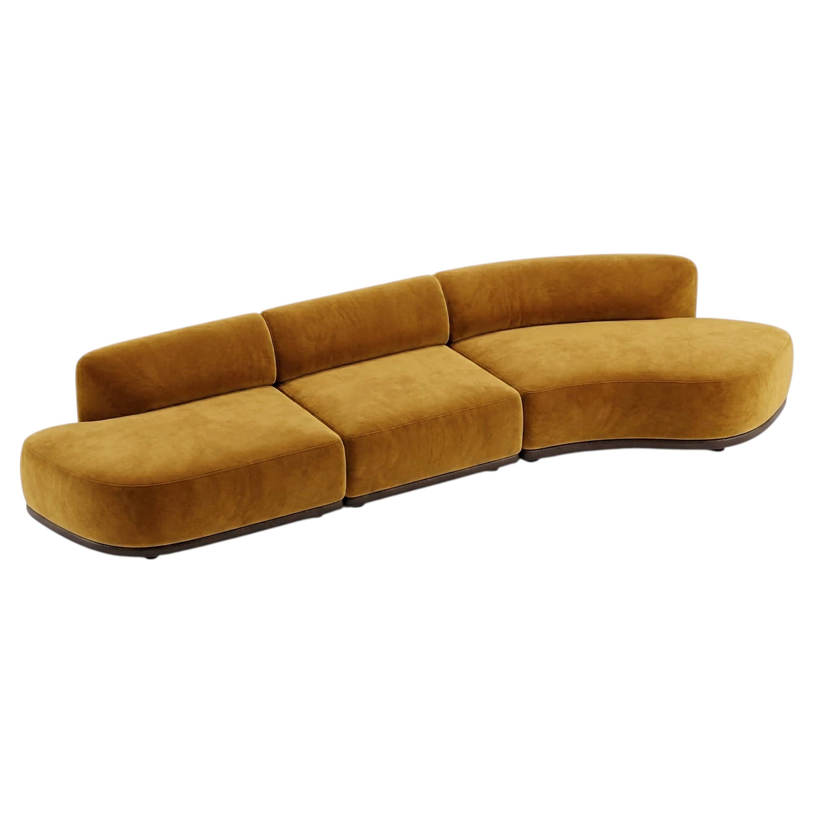 Three-Piece Modular Sectional Sofa in Ochre Velvet with Dark Wood Plinth Base