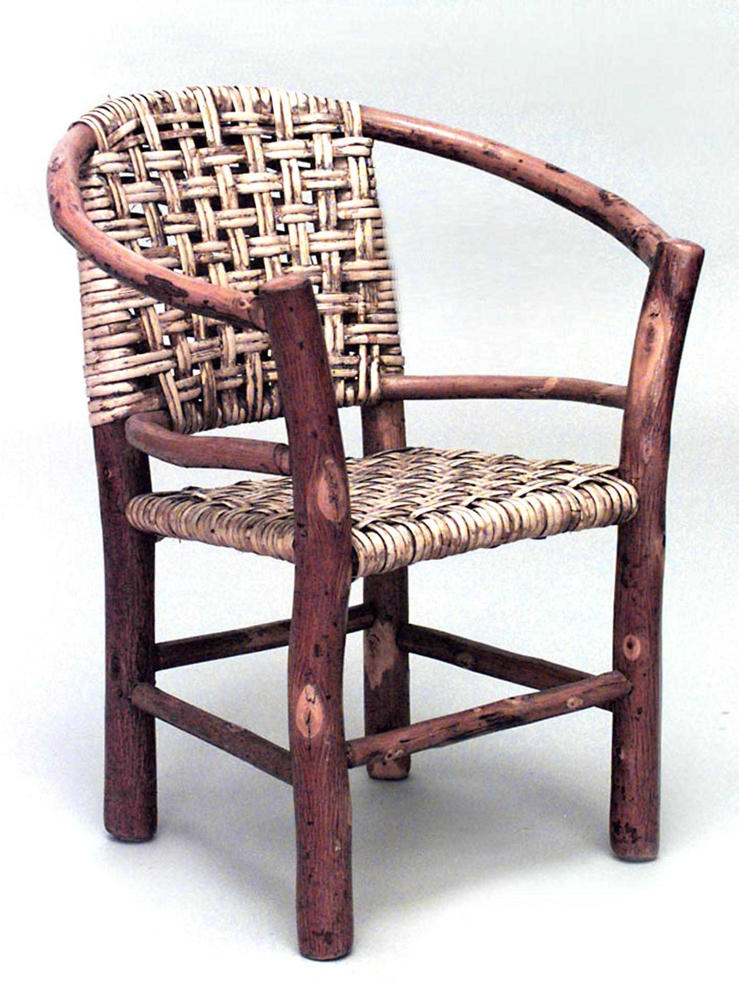 Set of 3 American Rustic Old Hickory (1930s) miniature salesman's sample salon set with woven seat and round back design (loveseat, rocking chair, arm chair)
