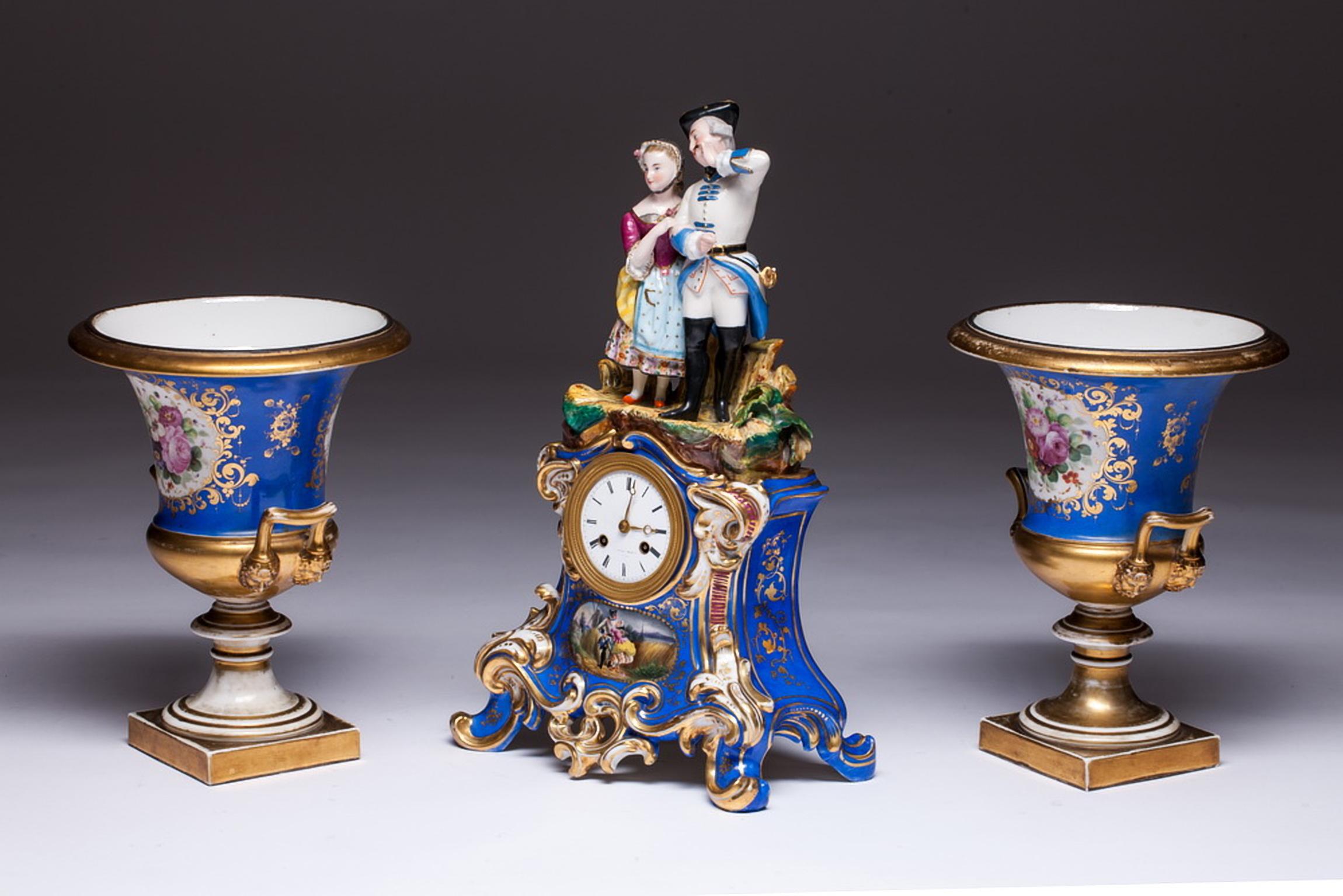 19th Century Three-Piece Old Paris Porcelain Mantel Clock Jacob Petit-Style