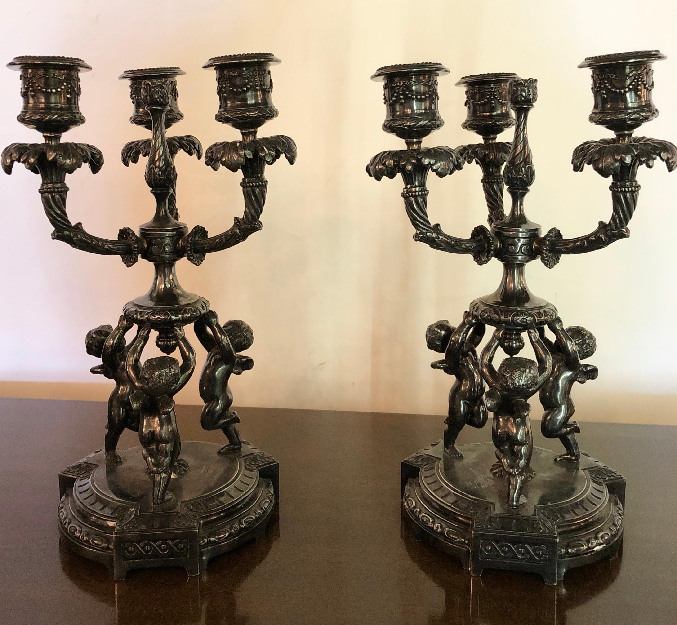 Three-Piece Pair-Point Cherub Candelabra Centerpiece Set, 19th-20th Century 6