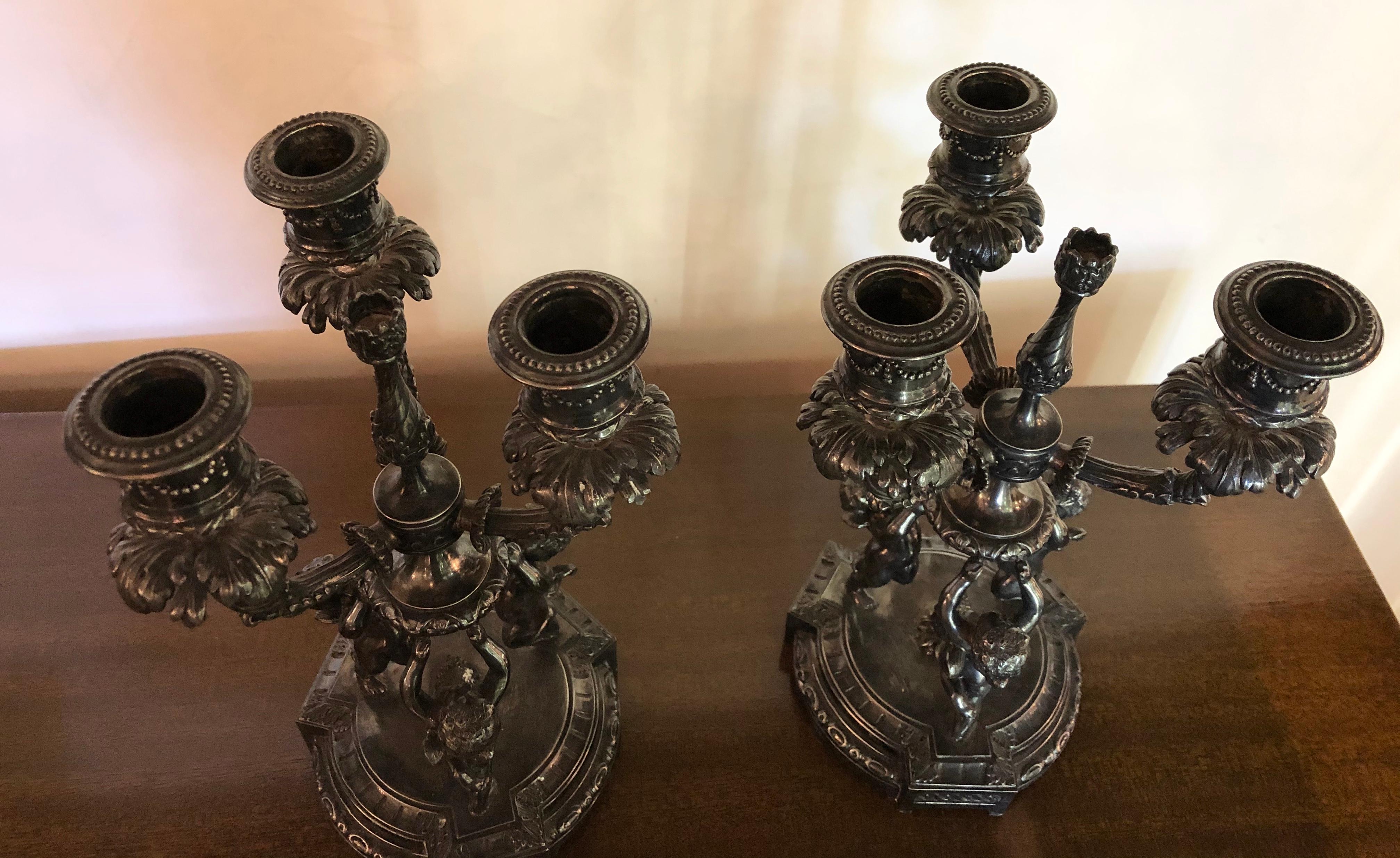 Three-Piece Pair-Point Cherub Candelabra Centerpiece Set, 19th-20th Century 8