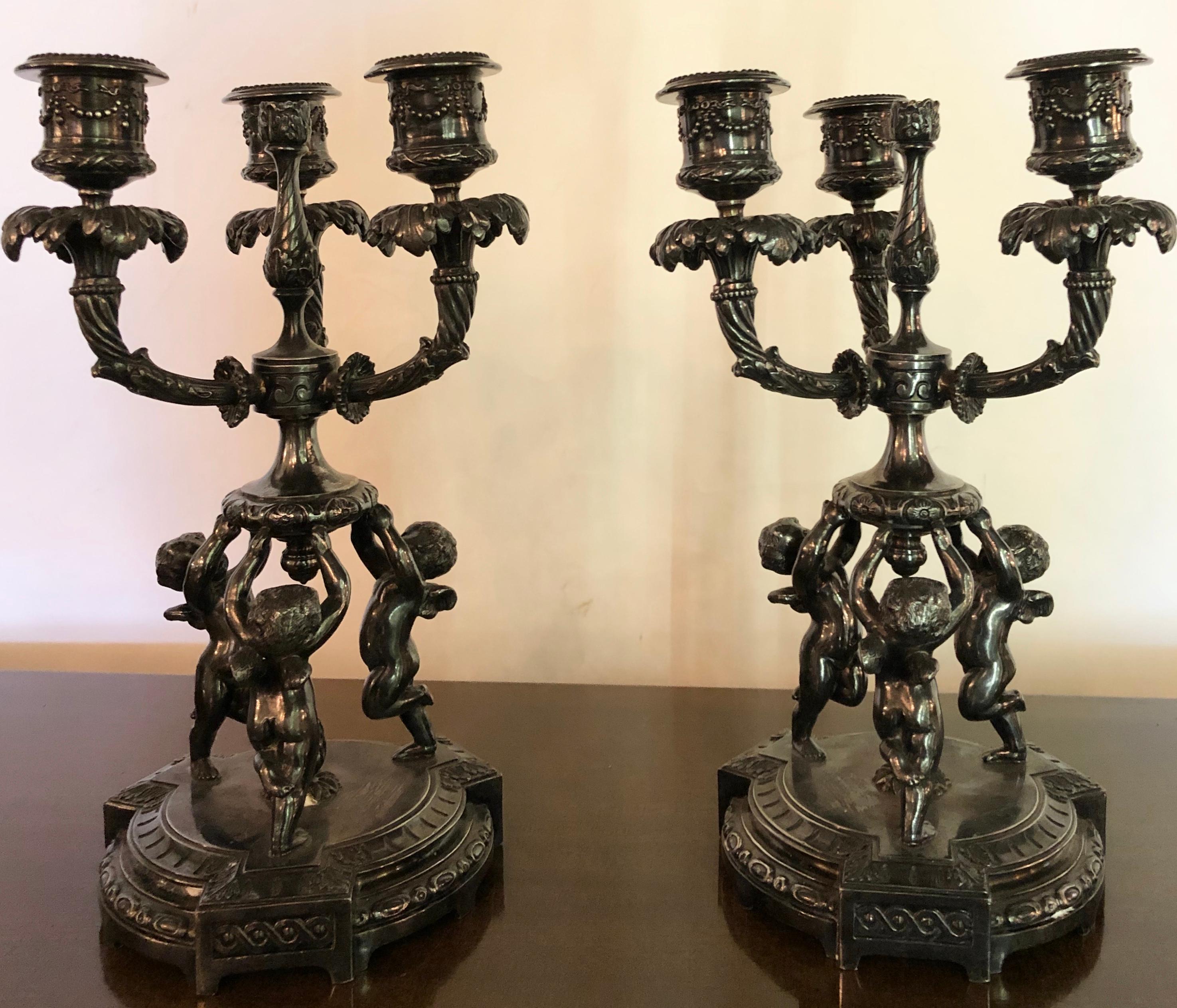 Three-Piece Pair-Point Cherub Candelabra Centerpiece Set, 19th-20th Century 10