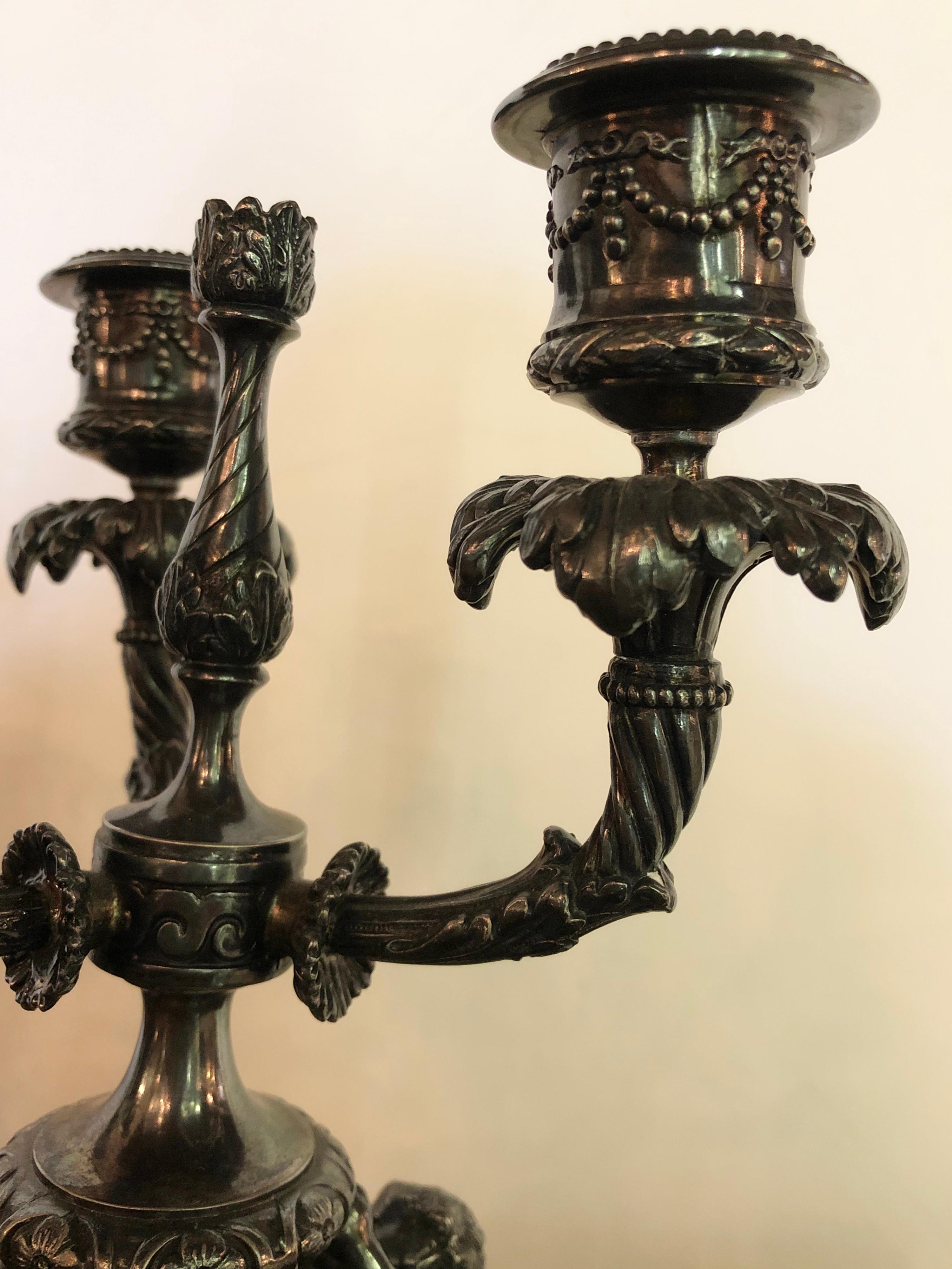 Three-Piece Pair-Point Cherub Candelabra Centerpiece Set, 19th-20th Century 12