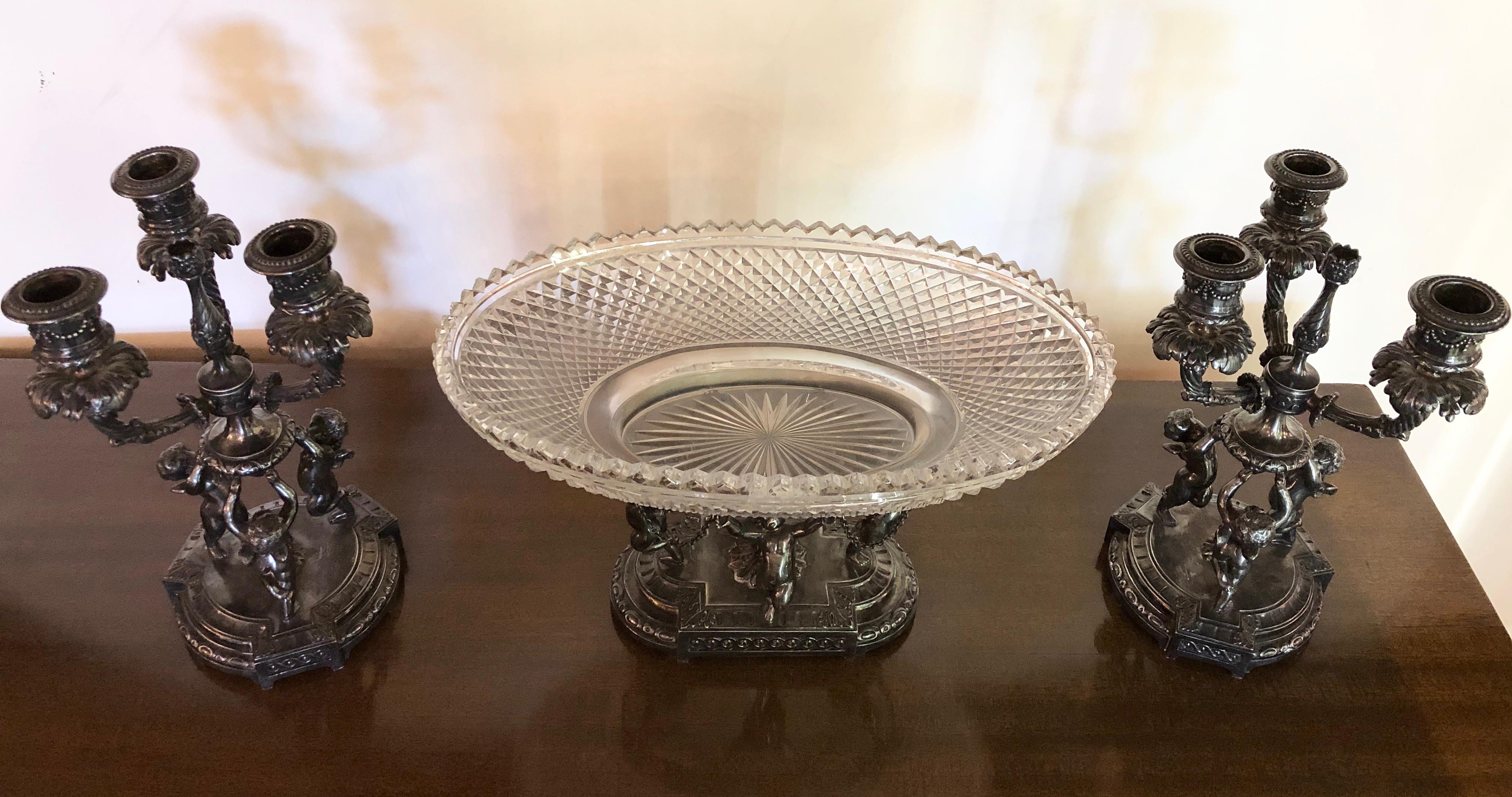 Three-Piece Pair-Point Cherub Candelabra Centerpiece Set, 19th-20th Century In Good Condition In Manhasset, NY