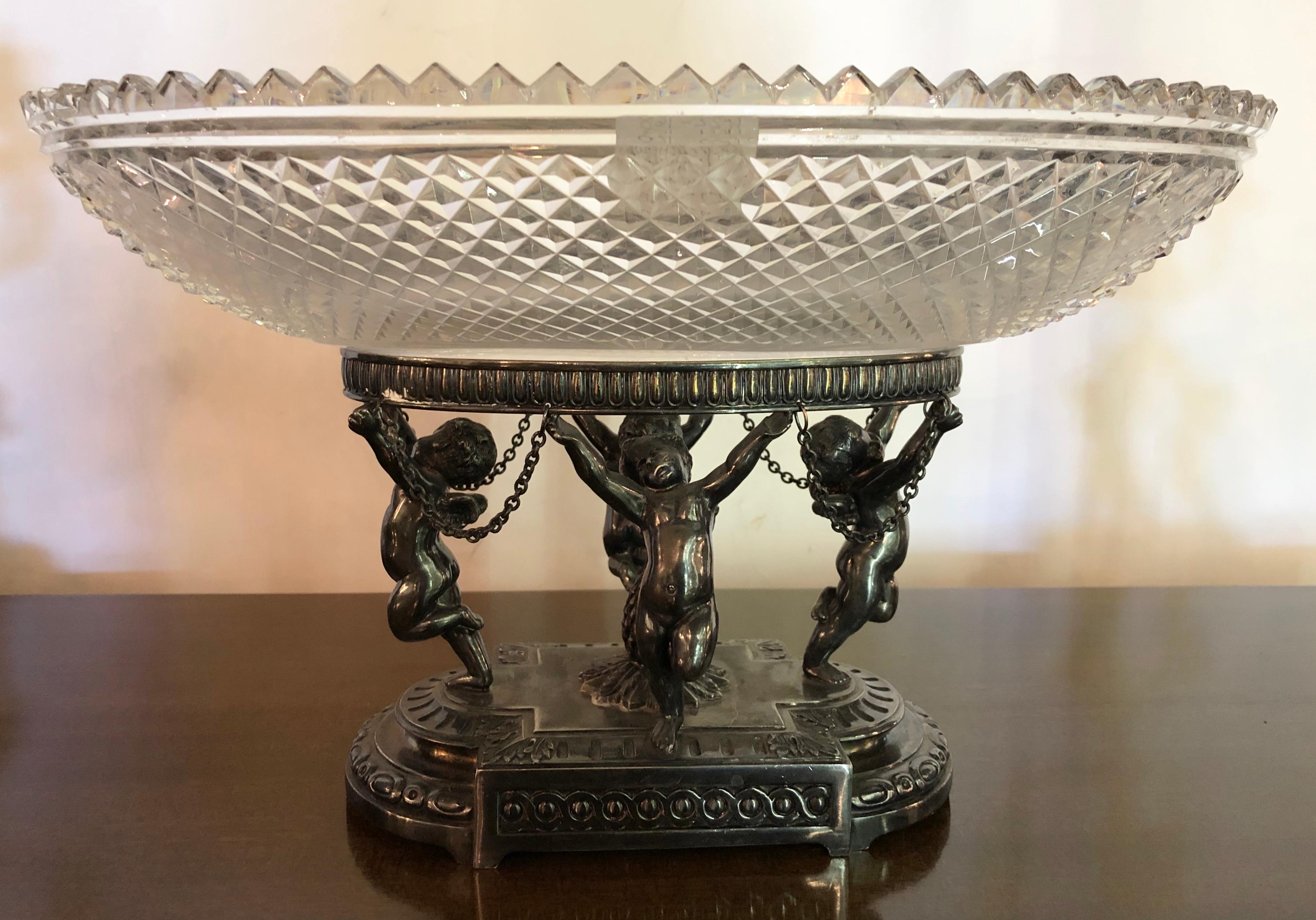 Silver Plate Three-Piece Pair-Point Cherub Candelabra Centerpiece Set, 19th-20th Century