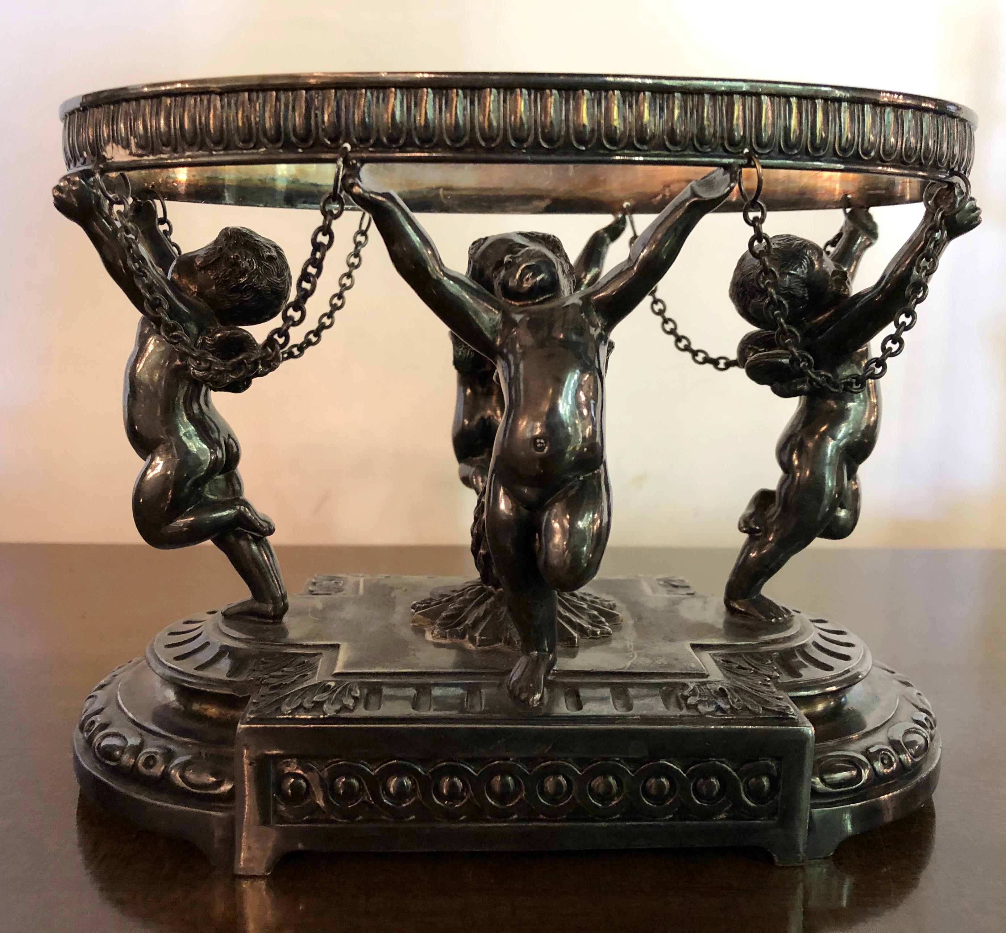 Three-Piece Pair-Point Cherub Candelabra Centerpiece Set, 19th-20th Century 3