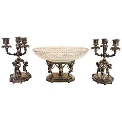 Vintage Three-Piece Pair-Point Cherub Candelabra Centerpiece Set, 19th-20th Century