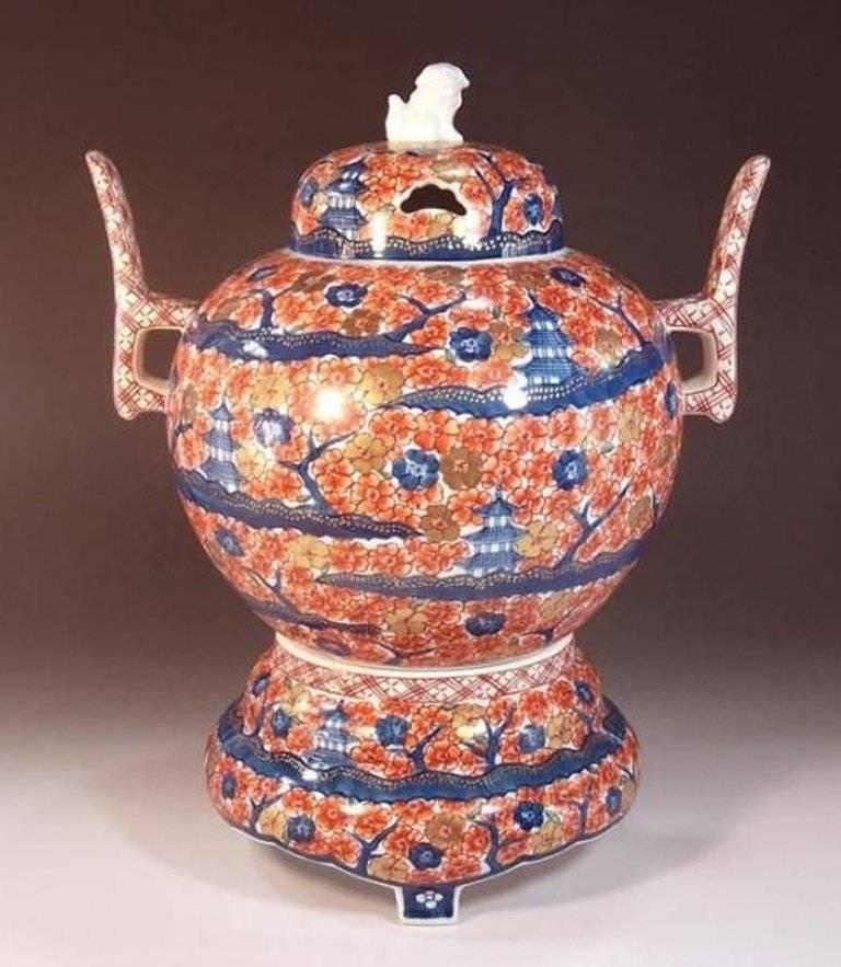 Japanese Three-Piece Porcelain Incense Burner by Fujii Tadashi 'Cherry Blossom Series'