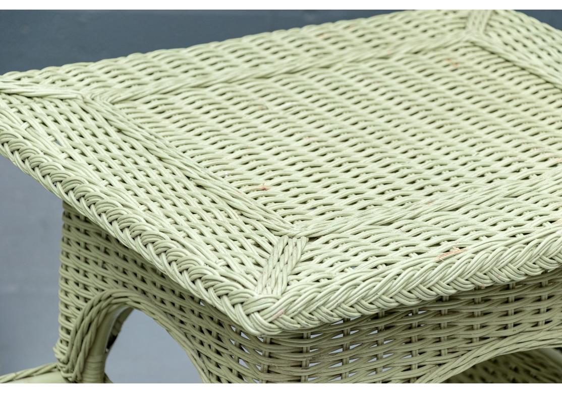 Three Piece Porch Set In Sage Green Wicker Side Table & Two Chairs For Sale 5