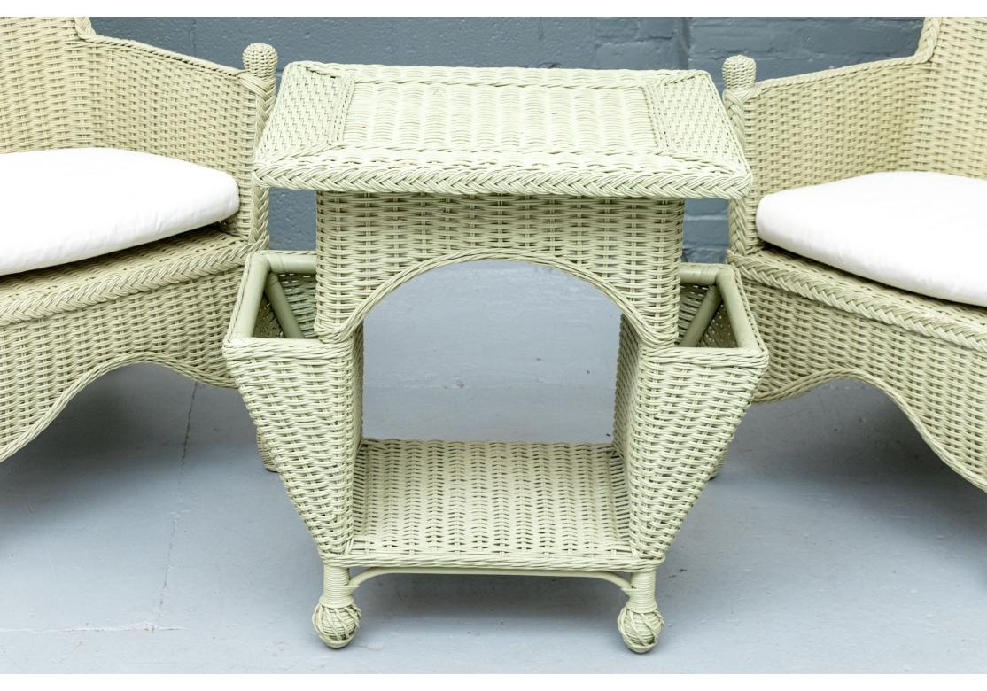 Three Piece Porch Set In Sage Green Wicker Side Table & Two Chairs For Sale 7