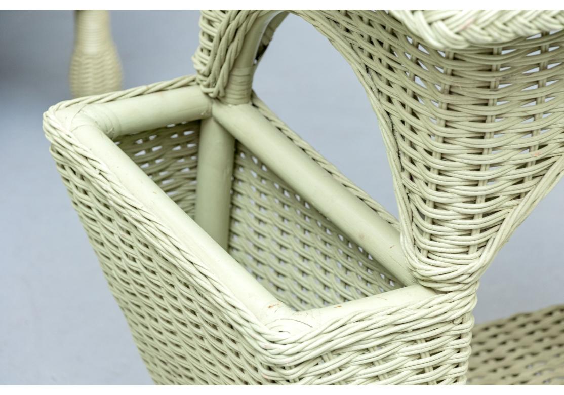 Three Piece Porch Set In Sage Green Wicker Side Table & Two Chairs For Sale 8