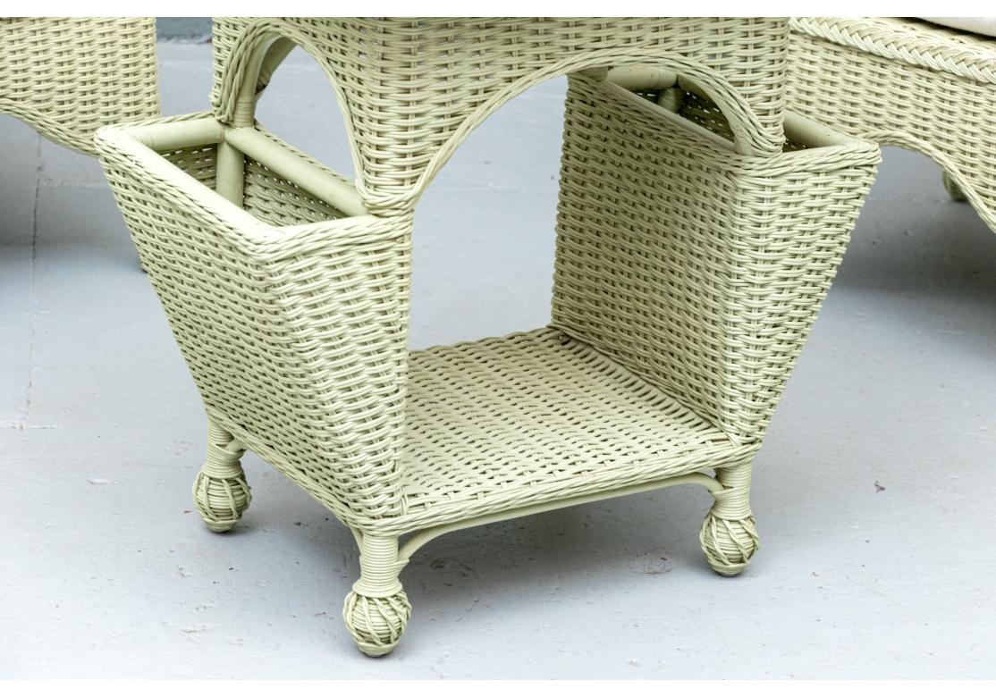 Three Piece Porch Set In Sage Green Wicker Side Table & Two Chairs For Sale 9