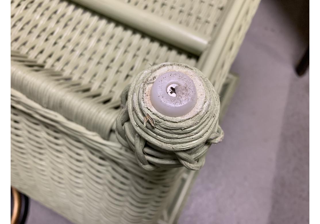 Three Piece Porch Set In Sage Green Wicker Side Table & Two Chairs For Sale 12