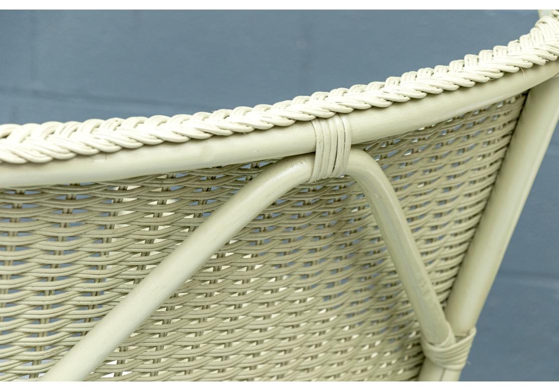 Three Piece Porch Set In Sage Green Wicker Side Table & Two Chairs In Good Condition For Sale In Bridgeport, CT