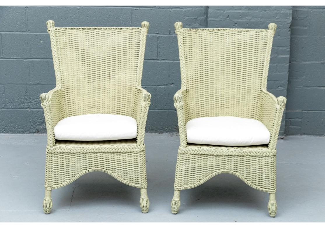 Contemporary Three Piece Porch Set In Sage Green Wicker Side Table & Two Chairs For Sale