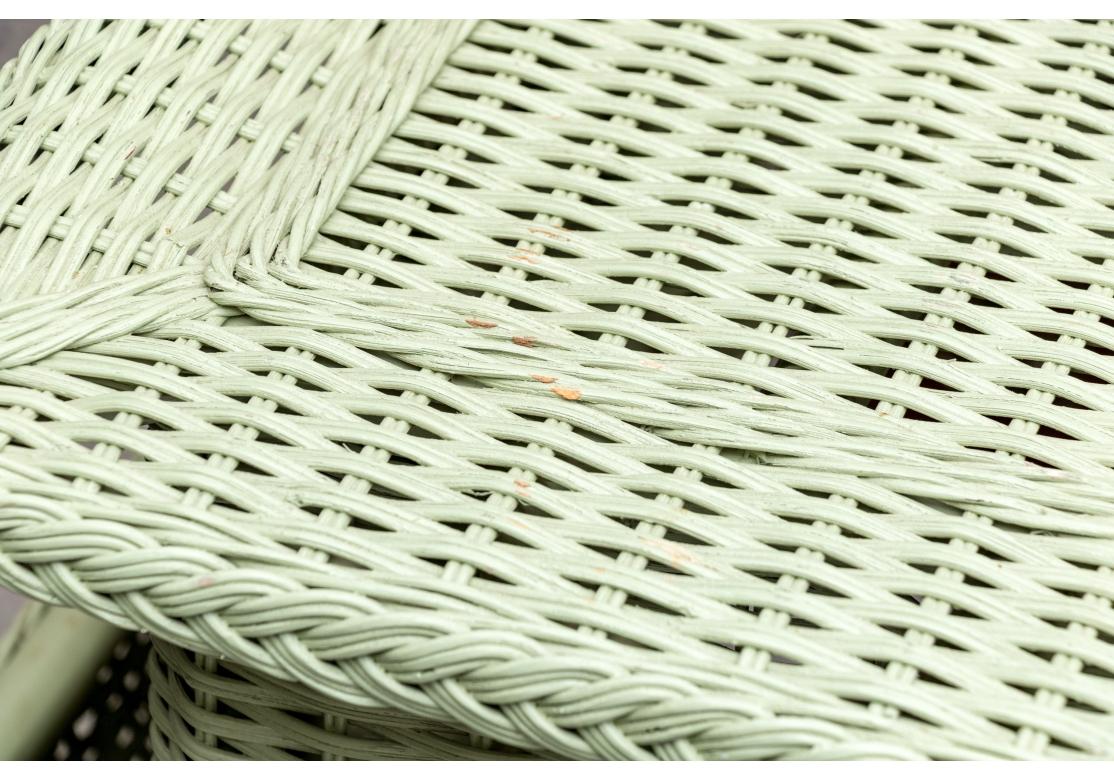 Three Piece Porch Set In Sage Green Wicker Side Table & Two Chairs For Sale 1