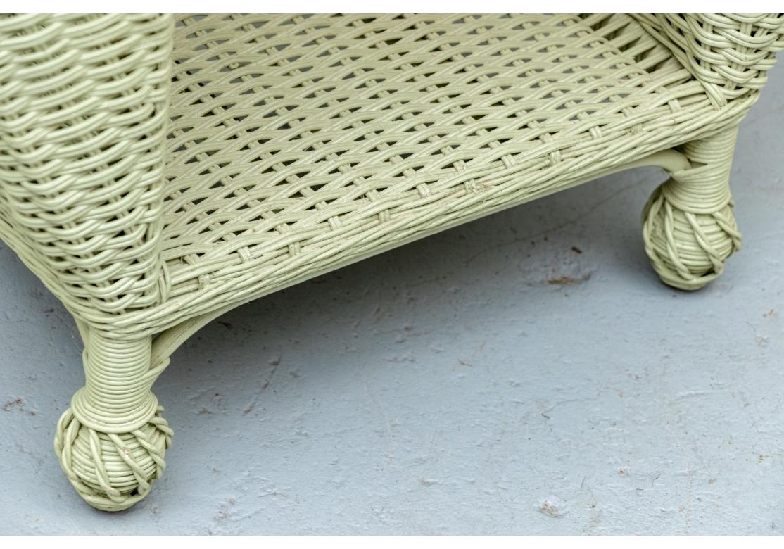 Three Piece Porch Set In Sage Green Wicker Side Table & Two Chairs For Sale 2