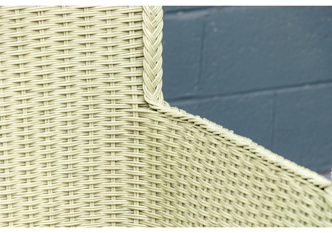 Three Piece Porch Set In Sage Green Wicker Side Table & Two Chairs For Sale 3