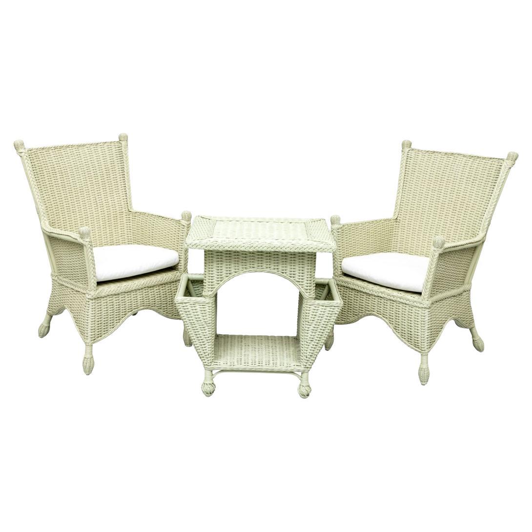 Three Piece Porch Set In Sage Green Wicker Side Table 
Two Chairs For Sale