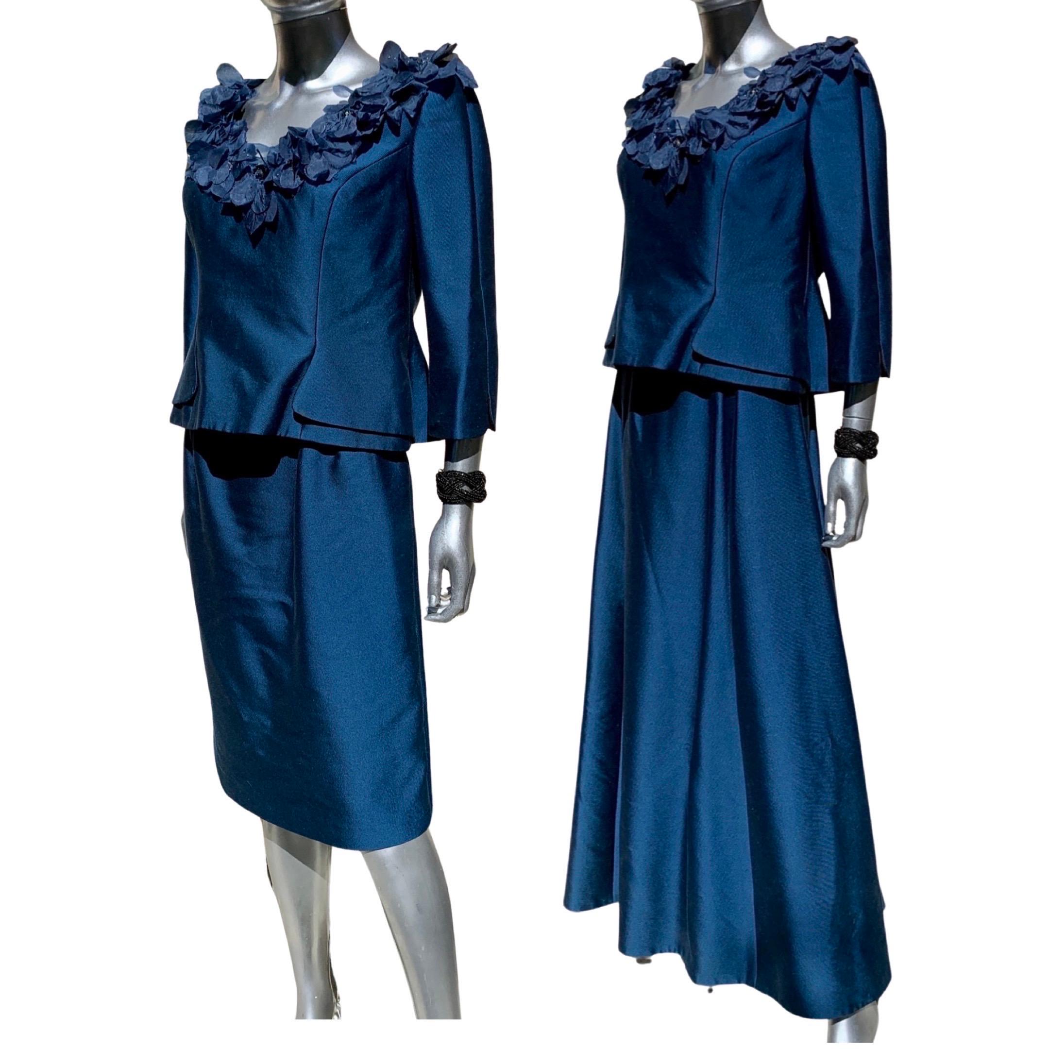This beautiful three-piece couture evening ensemble was designed by Lilly Samii for a Socialite/Philanthropist from La Jolla Calif. It’s as beautiful as it is versatile. The fabric is a silk or silk blend twill weave in sapphire blue. The sculptural