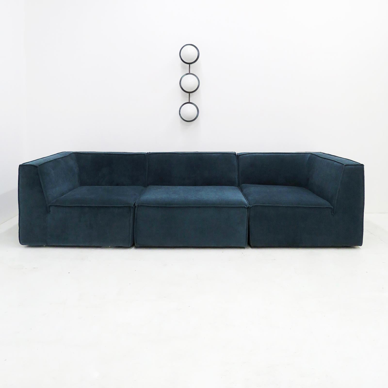 Wonderful contemporary seat-scape modules 'Dane' by Sofa Company, Denmark, designed and produced in 2020 with 'Danny Dusty Blue' upholstery. The set consists of two corner modules and one straight section. Can be arranged in various configurations,