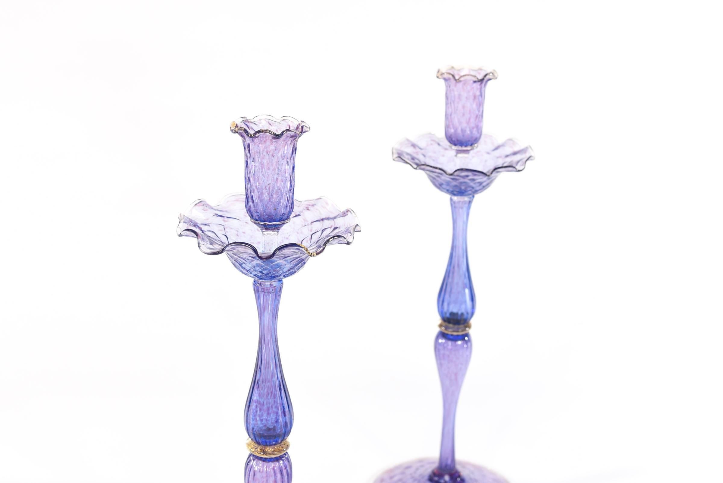 Italian Three-Piece Set Amethyst & Gold Figural Swan Venetian Candlesticks & Centrepiece For Sale