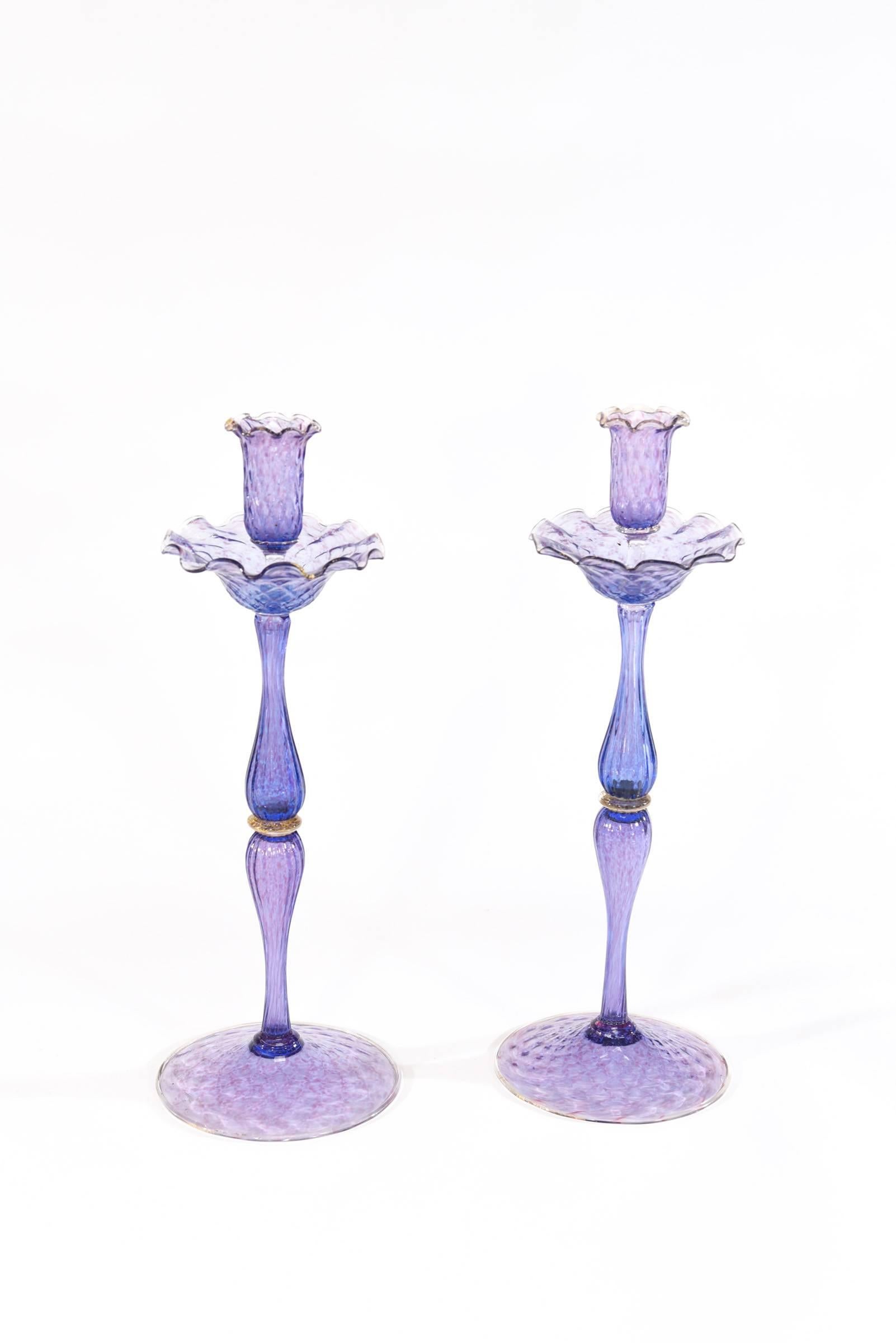 Early 20th Century Three-Piece Set Amethyst & Gold Figural Swan Venetian Candlesticks & Centrepiece For Sale