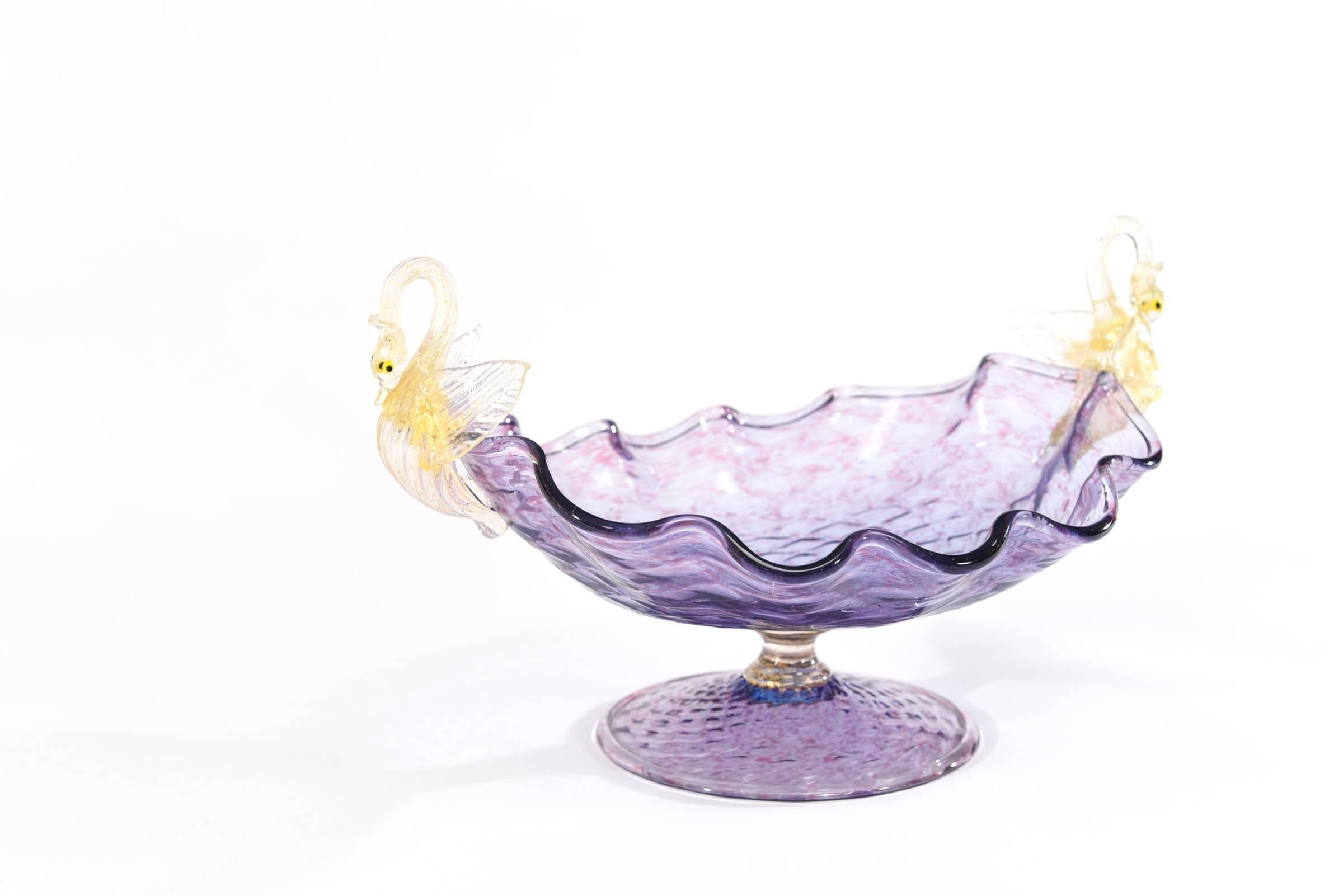 Blown Glass Three-Piece Set Amethyst & Gold Figural Swan Venetian Candlesticks & Centrepiece For Sale