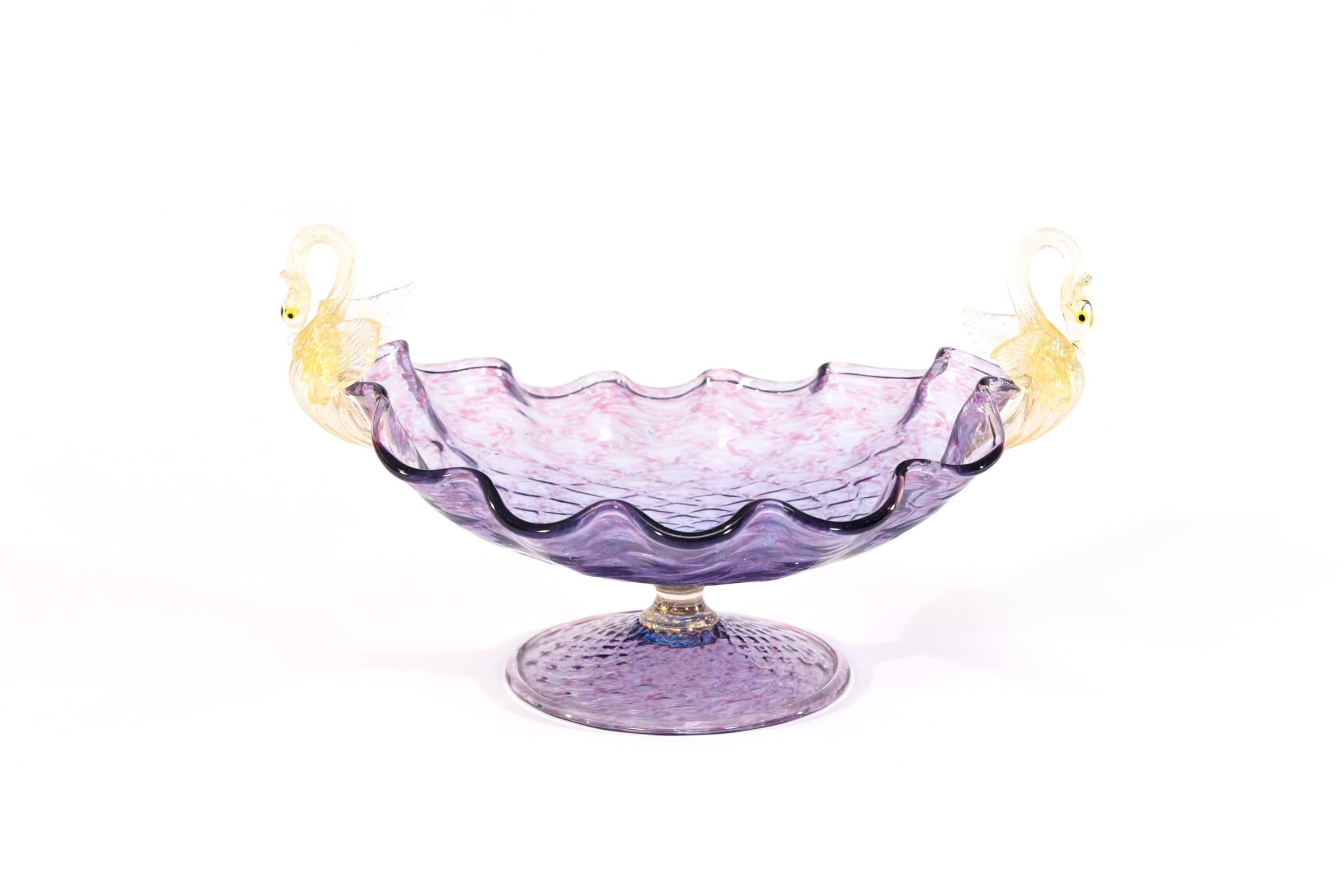 Three-Piece Set Amethyst & Gold Figural Swan Venetian Candlesticks & Centrepiece For Sale 1