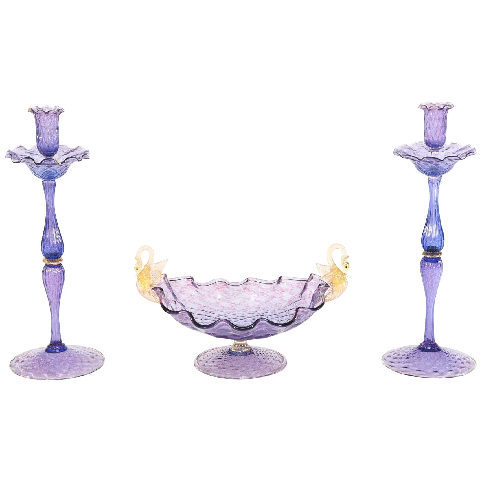 Three-Piece Set Amethyst & Gold Figural Swan Venetian Candlesticks & Centrepiece