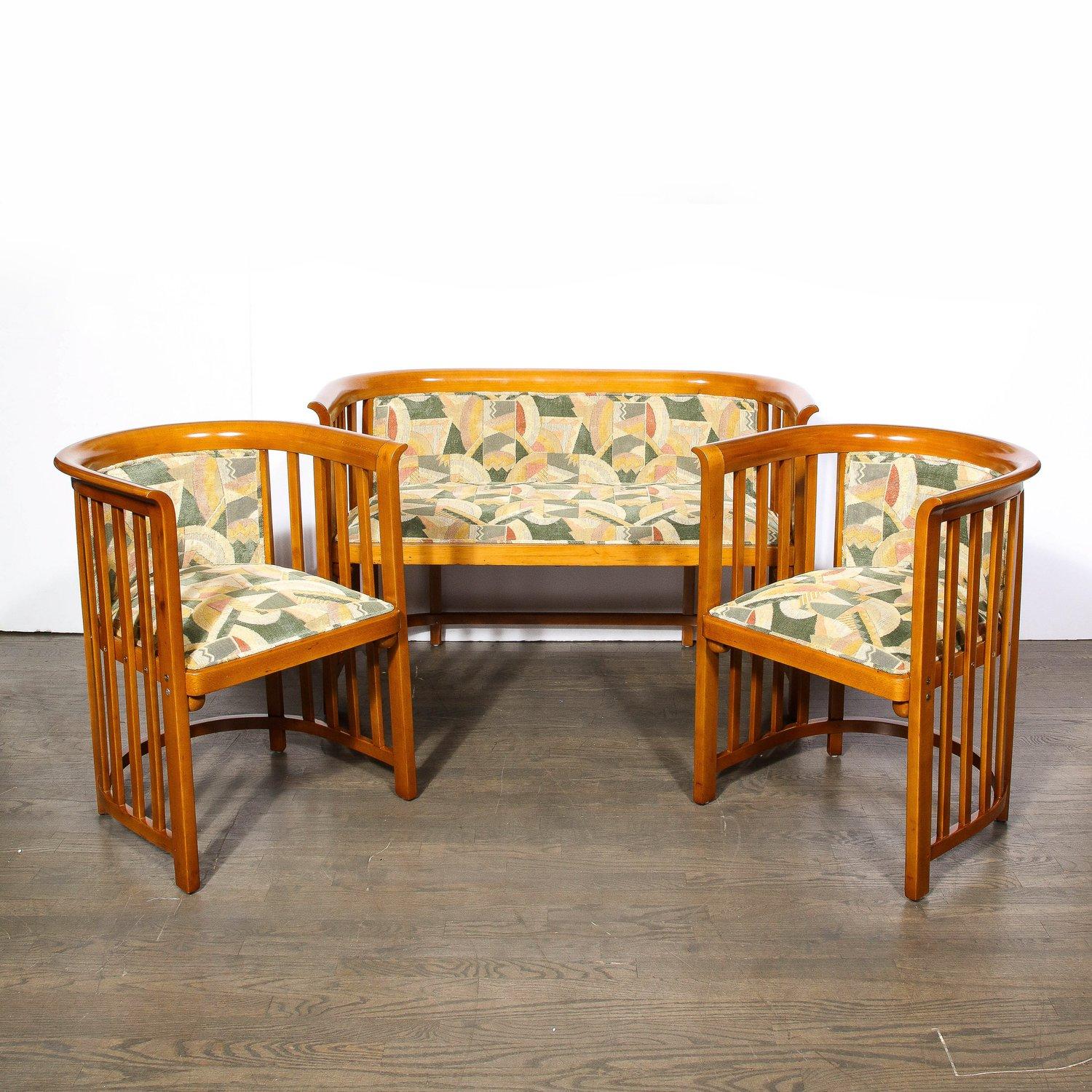 Vienna Secession Three Piece Set by Josef Hoffmann w/ Beech Frame & Clarence House Fabric  For Sale