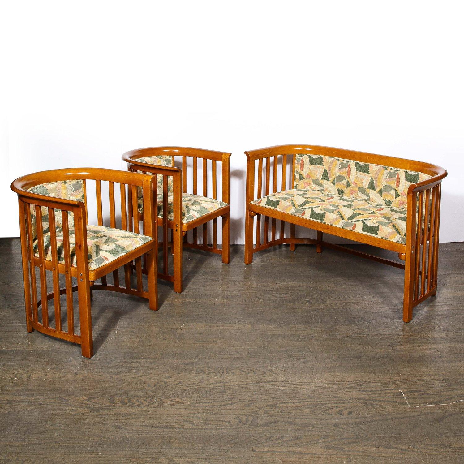 Austrian Three Piece Set by Josef Hoffmann w/ Beech Frame & Clarence House Fabric  For Sale