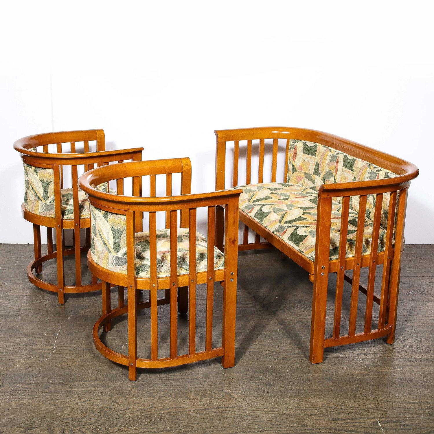 Three Piece Set by Josef Hoffmann w/ Beech Frame & Clarence House Fabric  In Excellent Condition For Sale In New York, NY