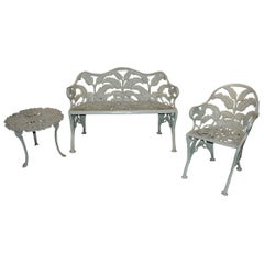 Three-Piece Set of Cast Iron Garden Furniture in Celadon Green