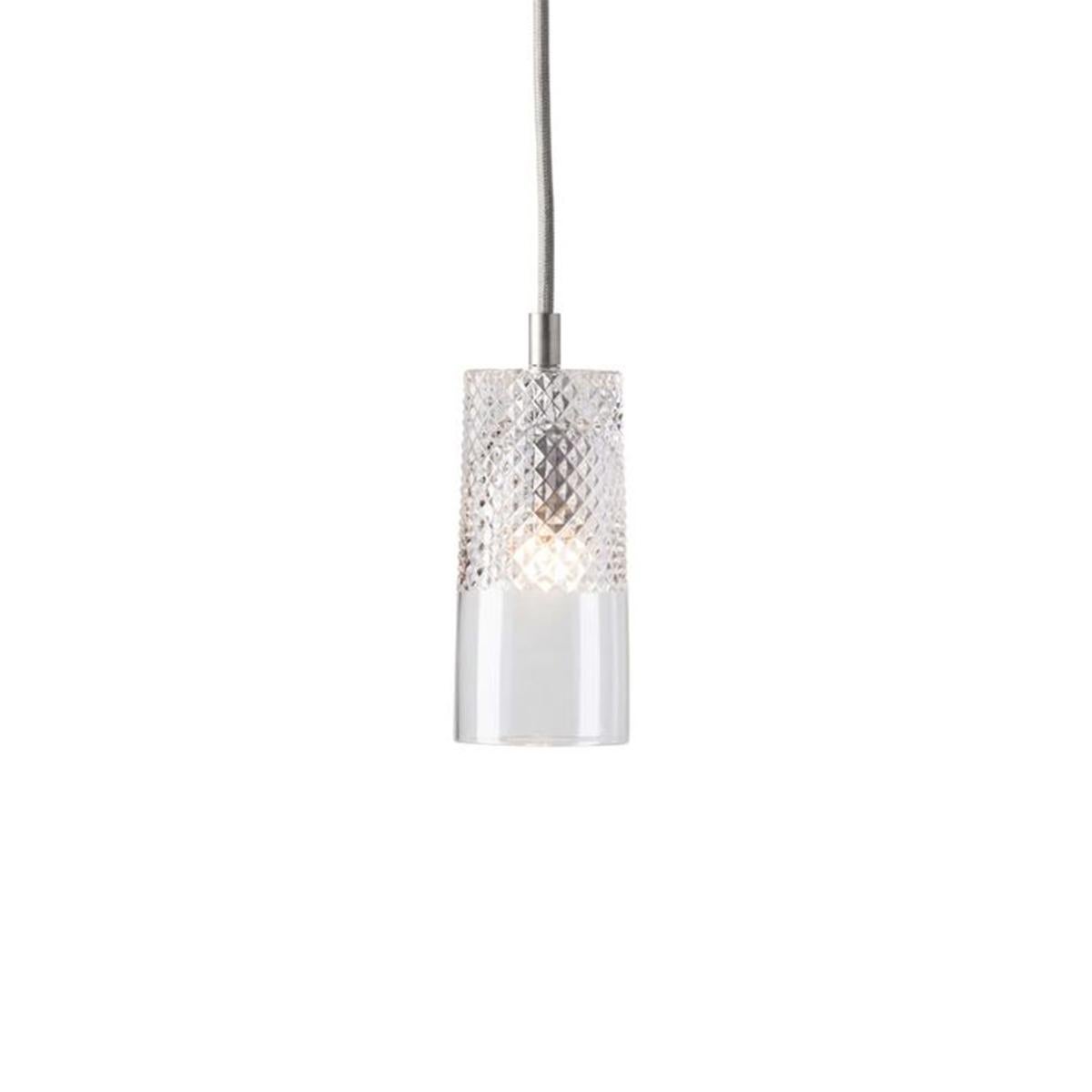 Scandinavian Modern Three-Piece Set of Mouth Blown Etched Crystal Pendant Lamps, Silver