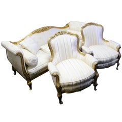 Three-Piece Silk Upholstered Carved Giltwood Suite