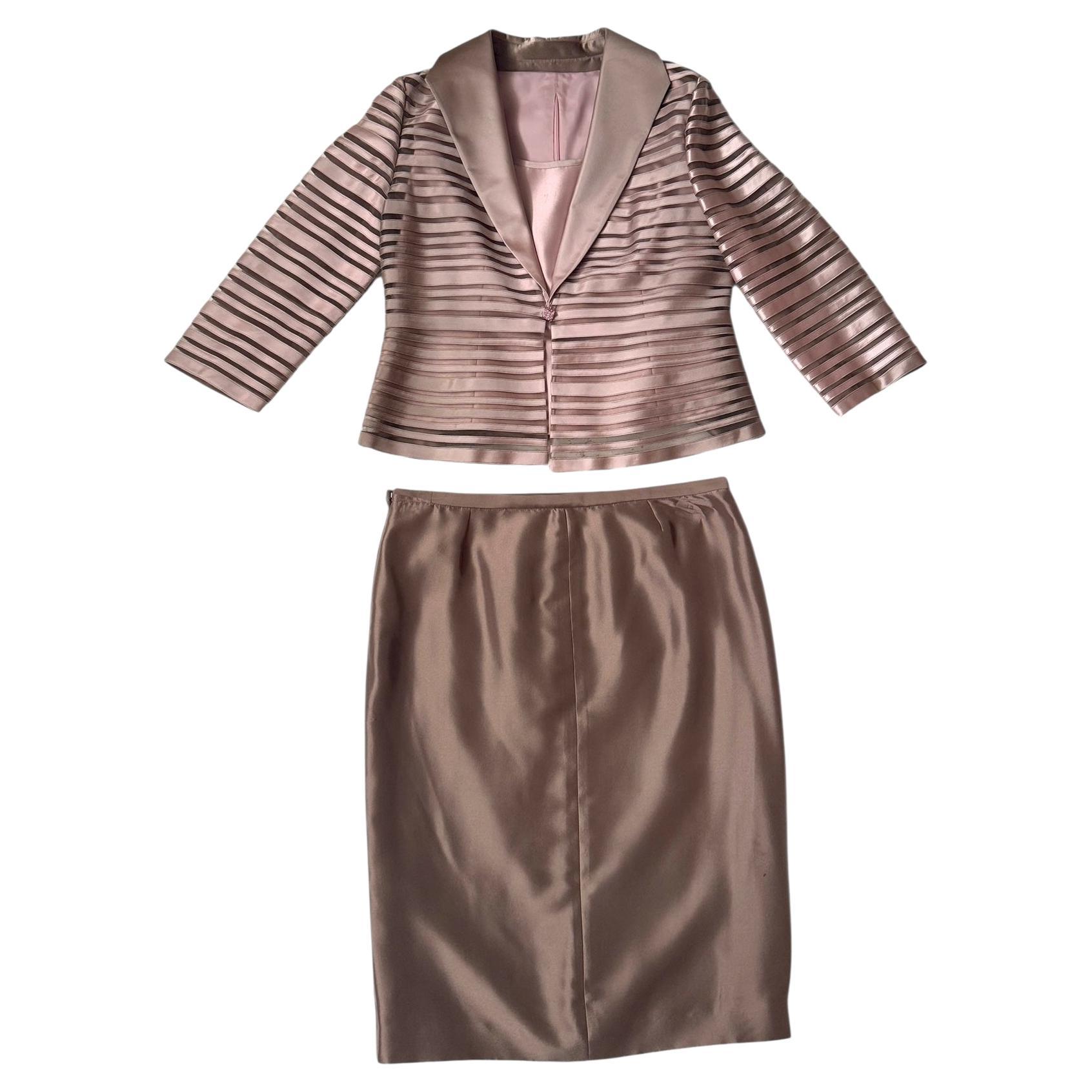 Three-Piece Striped Silk Ensemble in Rose Gold by Elite - We pay for import duty
